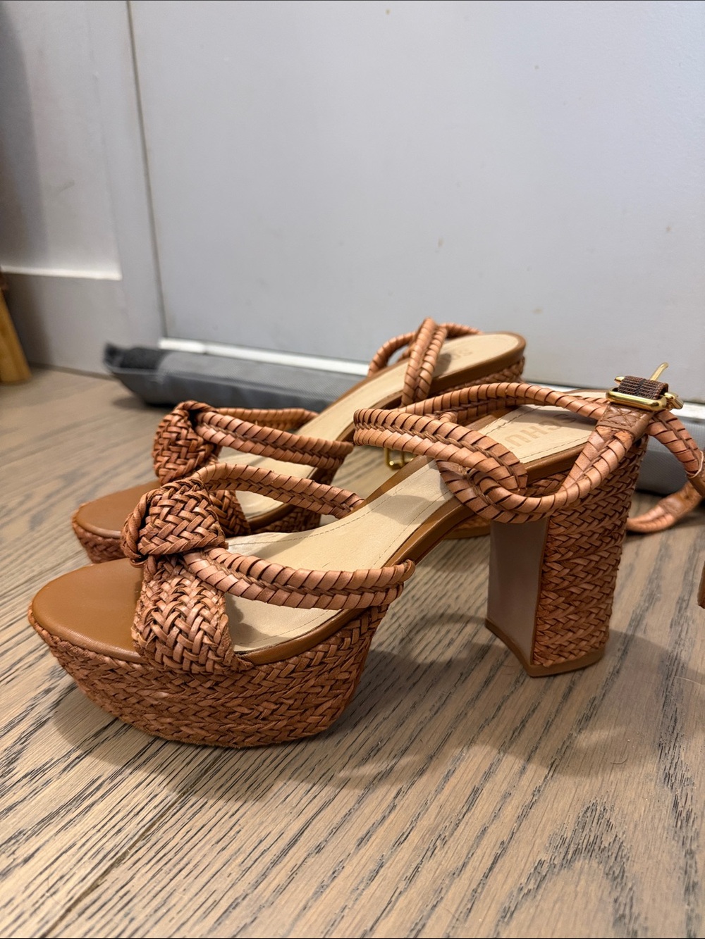 Schutz Braided Tan Wedge Sandals with Ankle Strap - 38